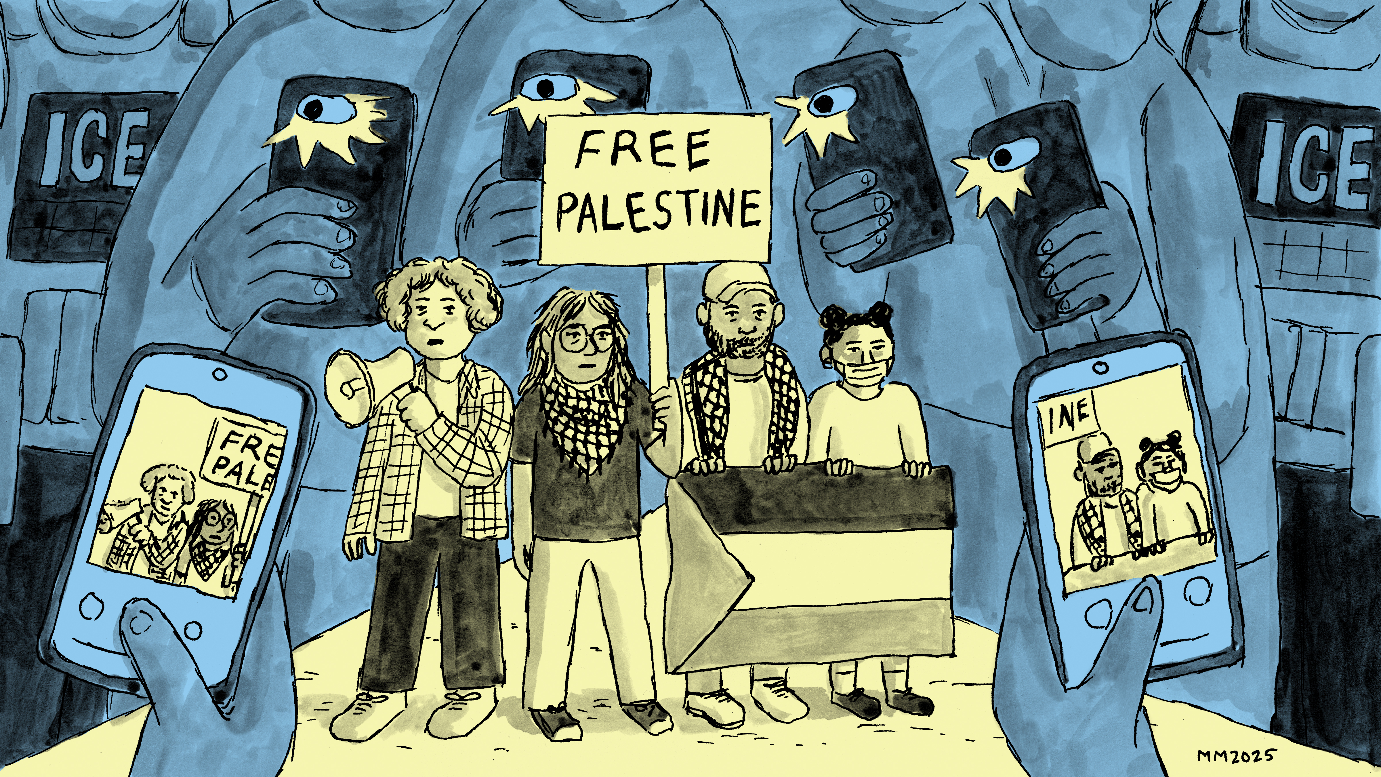 An illustration by Melissa Mendes shows Palestine-solidarity protesters being photographed on cell phones with ICE agents in the background.