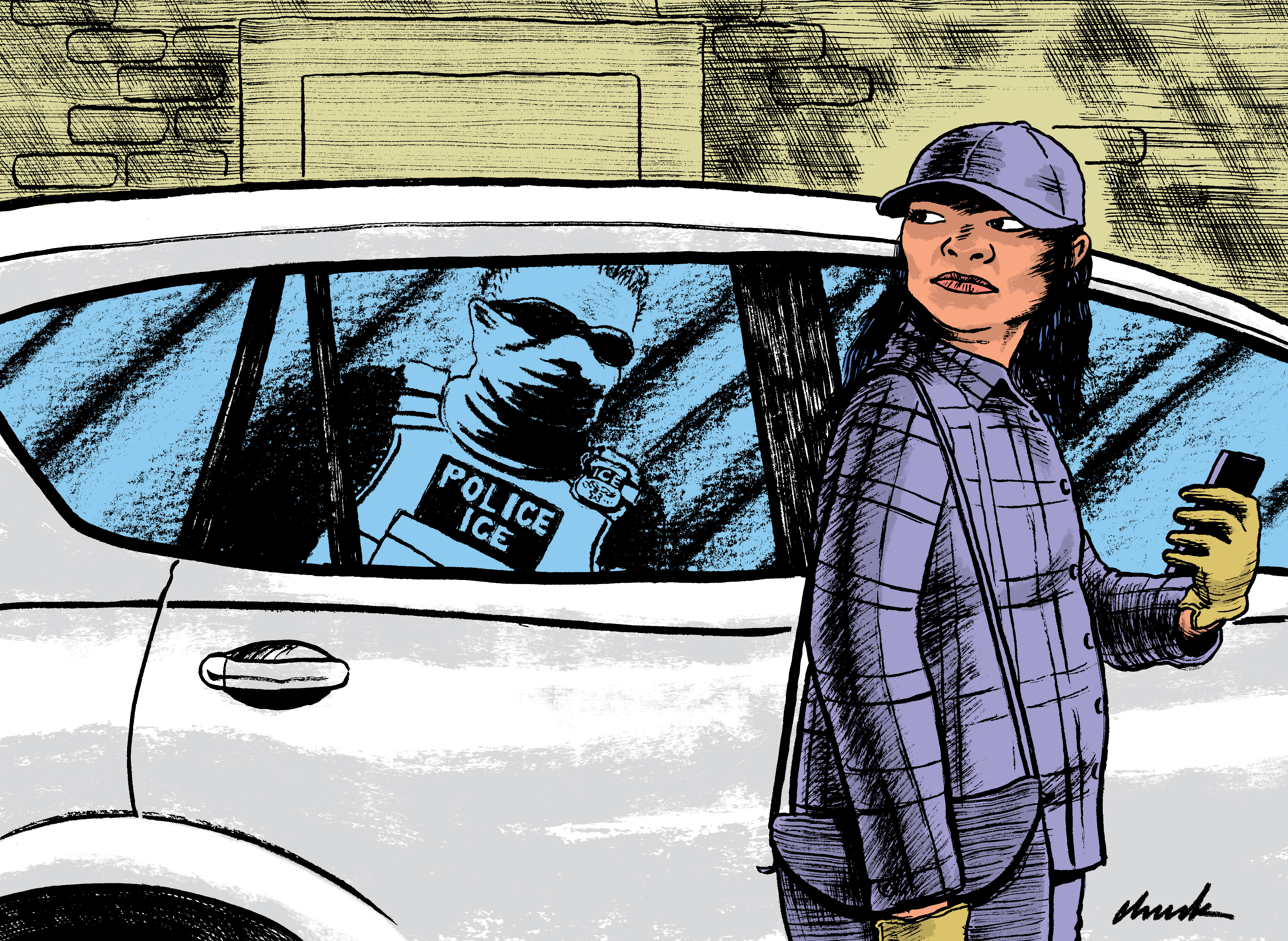 An illustration by artist Charles Forsman shows an immigrant farmworker looking over her shoulder as she stands in front of a car. Reflected in the window behind her is an Immigration and Customs Enforcement officer, face masked and glasses on.