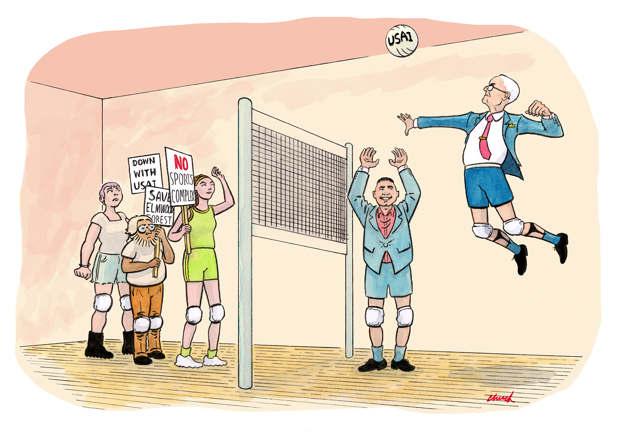 An original illustration by Charles Forsman shows Holyoke Mayor Joshua Garcia setting a volleyball up into the air on the right side of a volleyball net in front of businessman Cesar Ruiz, who is getting ready to spike it. The volleyball reads "USAI." Both are wearing suits and volleyball knee pads. On the left side of the net, a team of protesters who are also wearing kneepads hold signs that read "Save Elmwood Forest," "No Sports Complex," and "Down With USAI."